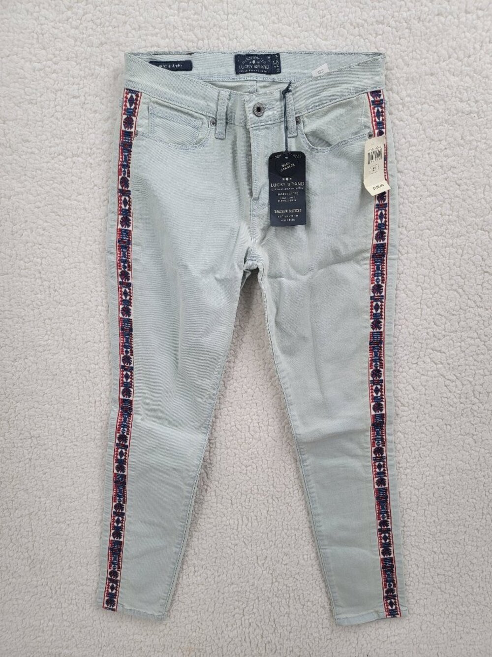 Lucky Brand Brooke Legging Skinny Jeans 4/27 Light Wash Aztec Embroidered Stripe